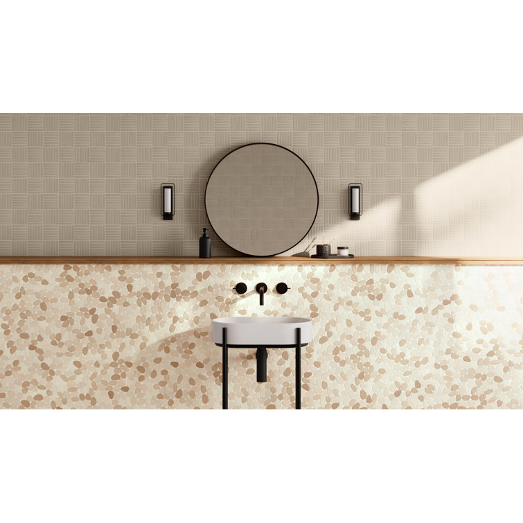 Waterbrook 12" x 12" Natural Stone Pebble Mosaic Tile in White and Tan