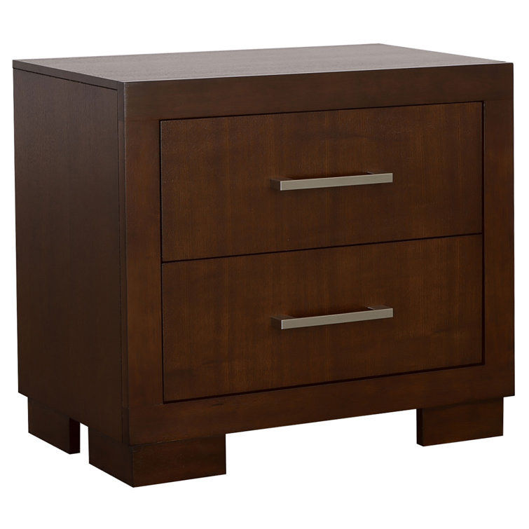 Transitional Cappuccino Brown 2-Drawer Nightstand with Silver Tone Bar Handles