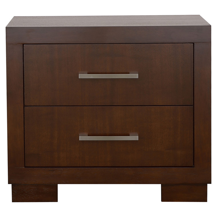 Transitional Cappuccino Brown 2-Drawer Nightstand with Silver Tone Bar Handles