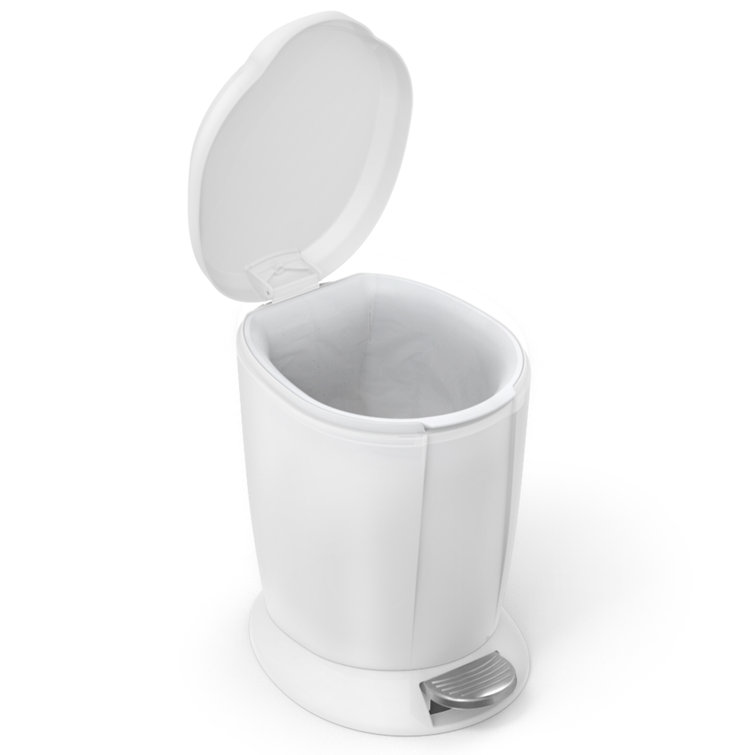 Compact White Plastic Bathroom Step Trash Can with Steel Pedal
