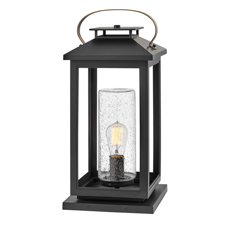 Black Lantern-Style Outdoor LED Pier Mount with Clear Seedy Glass
