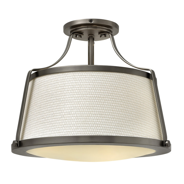 Charlotte Antique Nickel 3-Light Semi-Flush Mount with Woven Off-White Shade