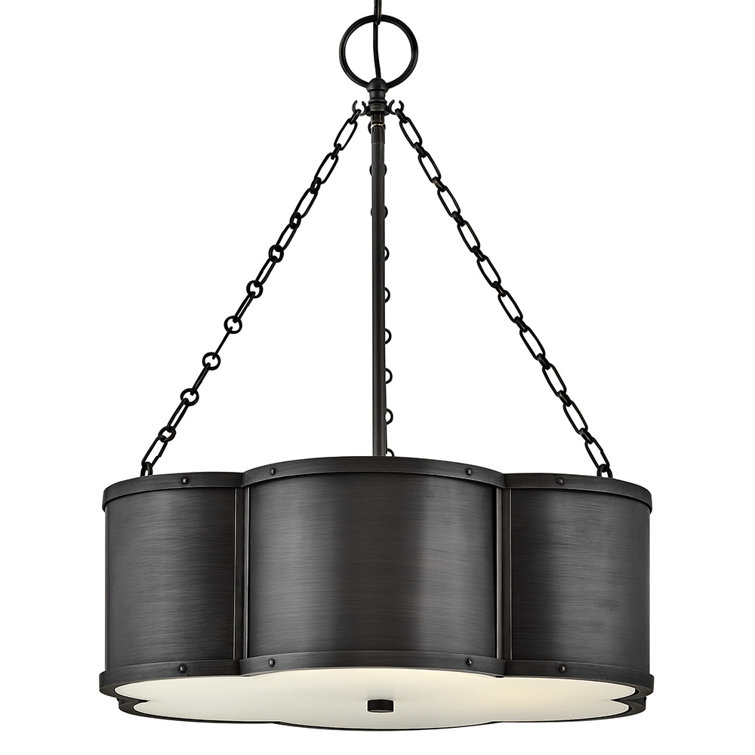 Blackened Brass and Etched Glass Drum Pendant Light