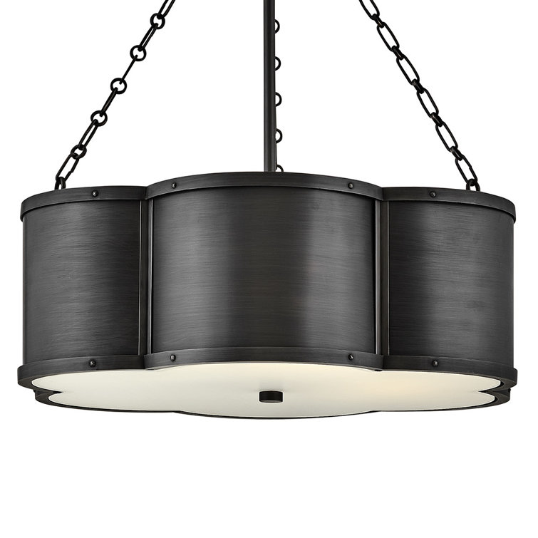 Blackened Brass and Etched Glass Drum Pendant Light