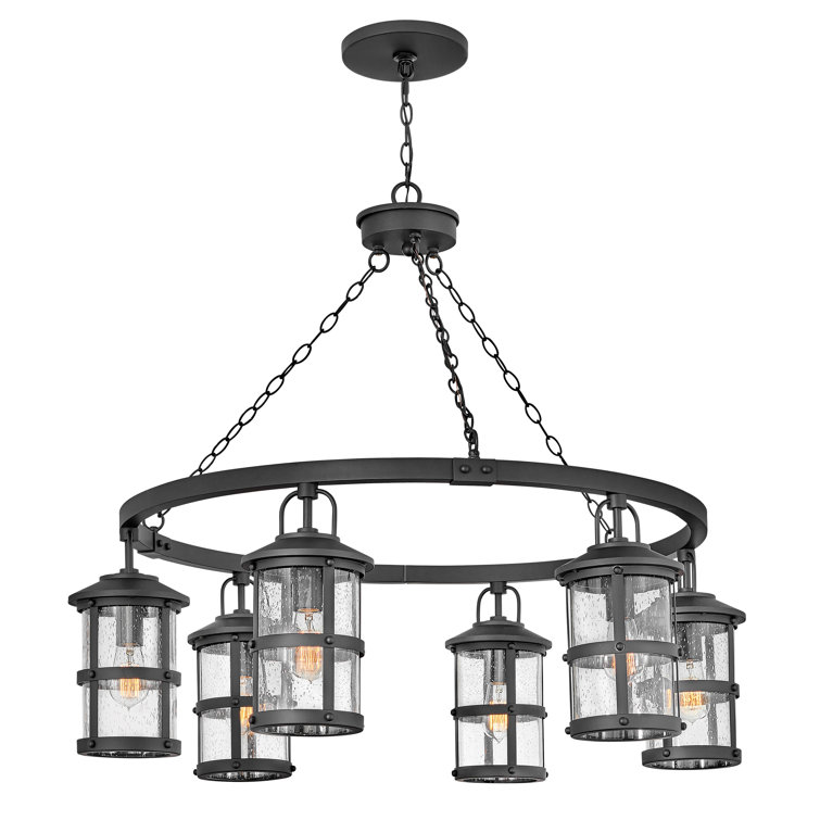 Lakehouse Distressed Black 6-Light LED Outdoor Chandelier with Clear Seedy Glass