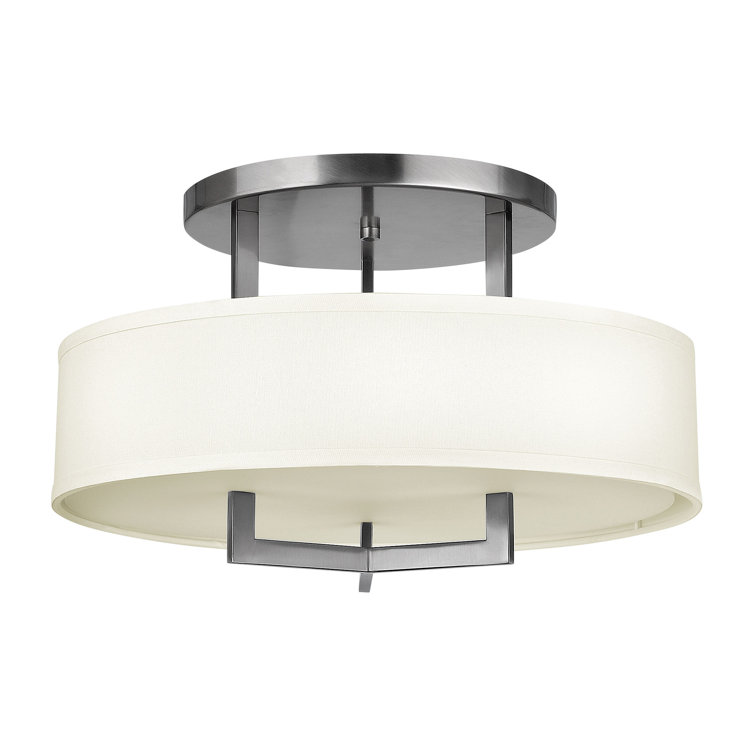 Hampton 20" Antique Nickel 3-Light Transitional Semi-Flush Mount with Off-White Linen Shade