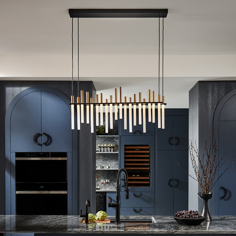 Sleek Echo Black Brass LED Island Chandelier with Etched Acrylic