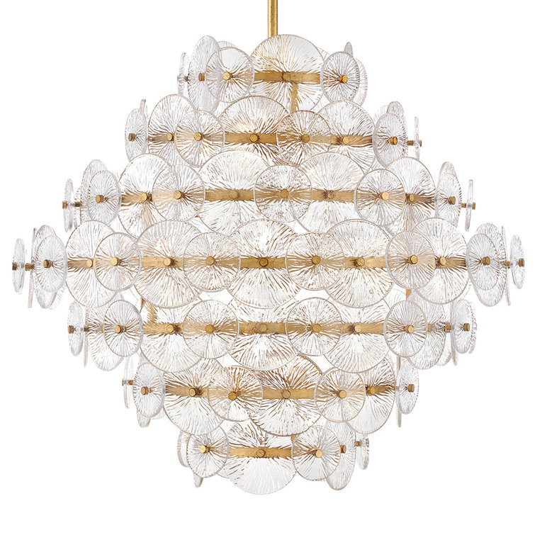 Rene Distressed Brass 16-Light Tiered Chandelier with Clear Pressed Glass