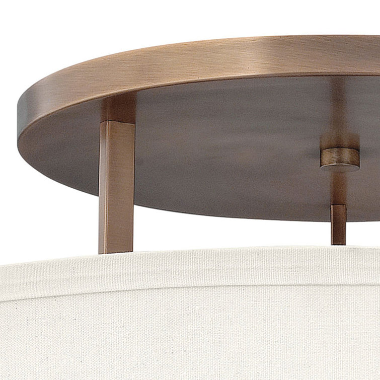 Brushed Bronze 26" Drum Semi-Flush Mount with Off-White Linen Shade