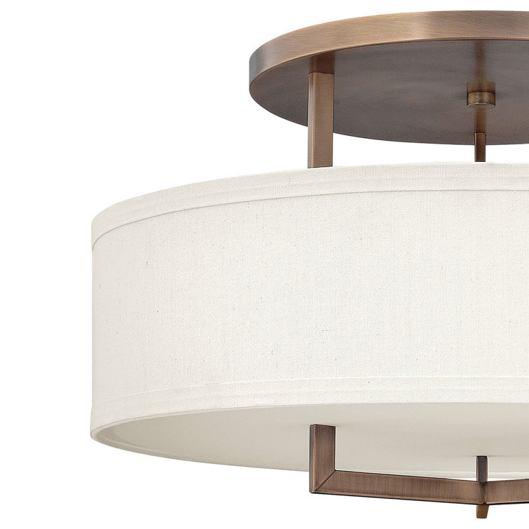 Brushed Bronze 26" Drum Semi-Flush Mount with Off-White Linen Shade