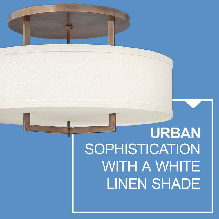 Brushed Bronze 26" Drum Semi-Flush Mount with Off-White Linen Shade