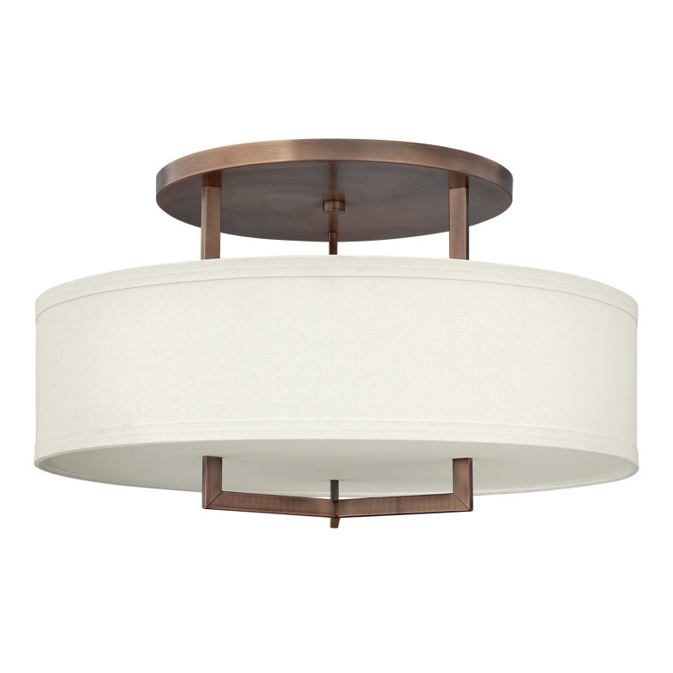 Brushed Bronze 26" Drum Semi-Flush Mount with Off-White Linen Shade