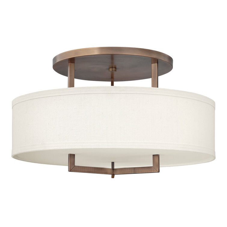 Brushed Bronze 26" Drum Semi-Flush Mount with Off-White Linen Shade