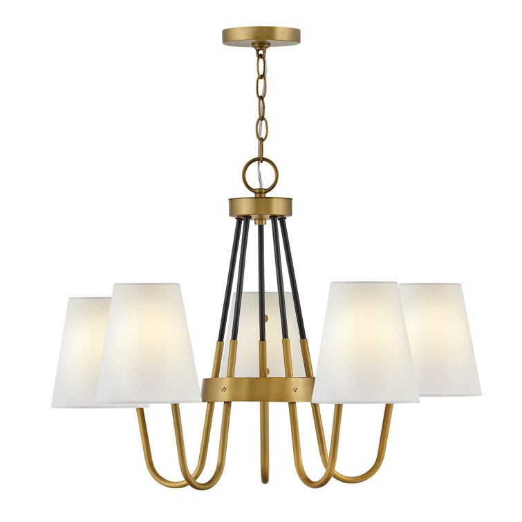 Heritage Brass and Black Drum Chandelier with Off-White Shades