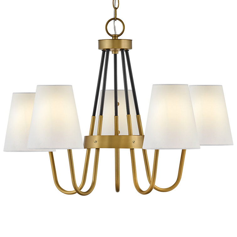 Heritage Brass and Black Drum Chandelier with Off-White Shades