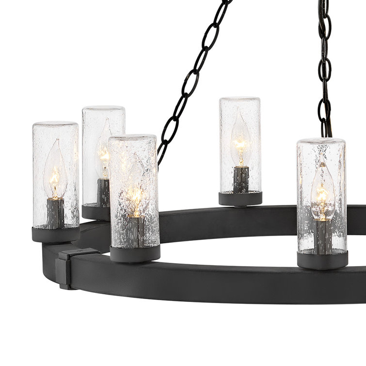 Sawyer Black 9-Light LED Outdoor Chandelier with Clear Seedy Glass