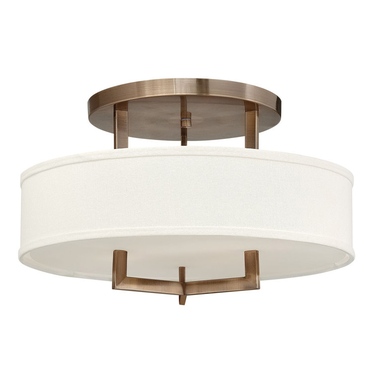 Transitional Hampton Brushed Bronze 1-Light Semi-Flush Mount with Off-White Linen Shade