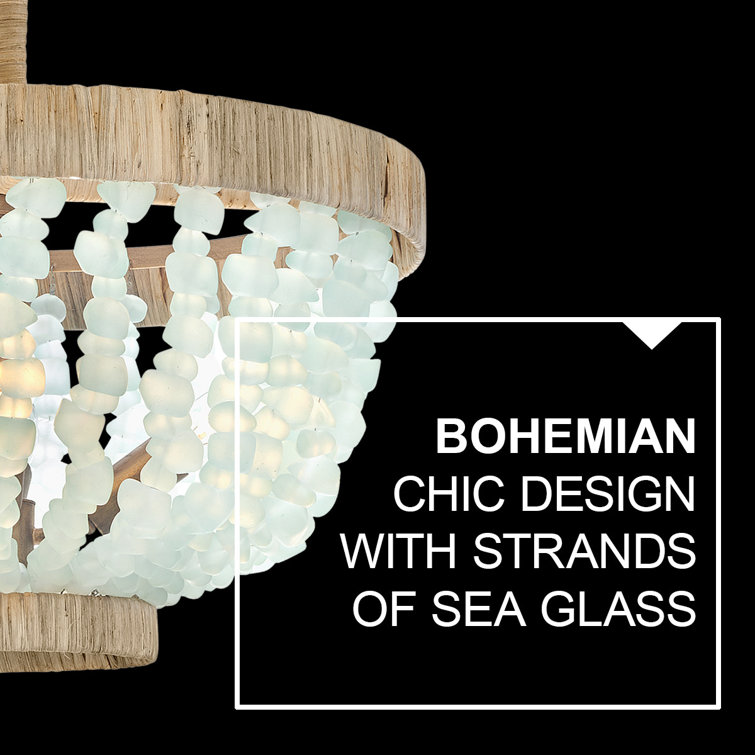 Burnished Gold Bohemian LED Bowl Light with Blue Sea Glass