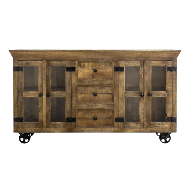 Rustic Charm 72'' Solid Mango Wood Sideboard with Cast Iron Wheels