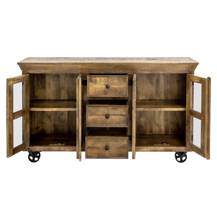 Rustic Charm 72'' Solid Mango Wood Sideboard with Cast Iron Wheels