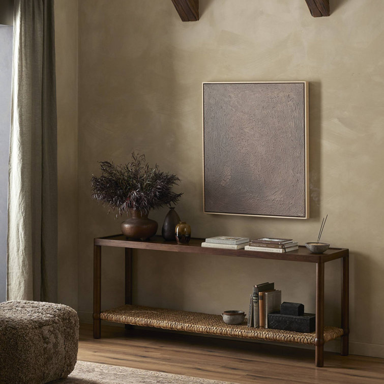 Brown Wood and Metal Console Table with Woven Shelf