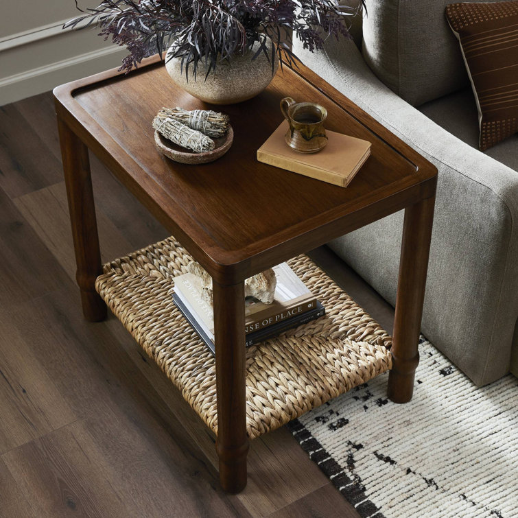 Gabriella Brown Rectangular Wood Side Table with Woven Shelf