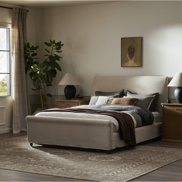 Cream Linen Upholstered Queen Bed with Tufted Headboard