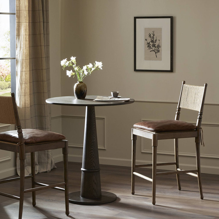 Mahogany Leather and Wood Counter Stool with Woven Back