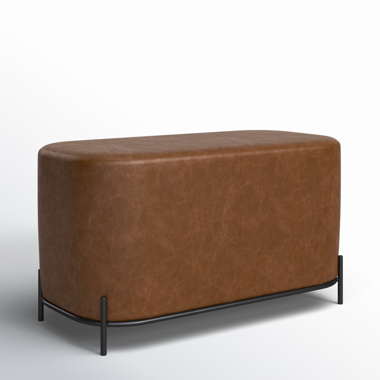 Distressed Brown Faux Leather Upholstered Bench with Black Metal Base