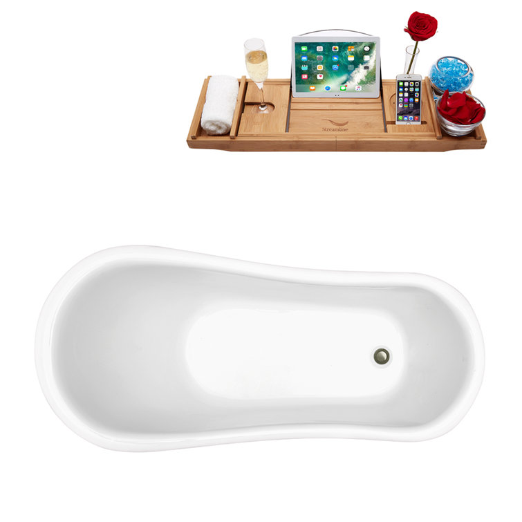61'' White Acrylic Clawfoot Soaking Tub with Bamboo Tray