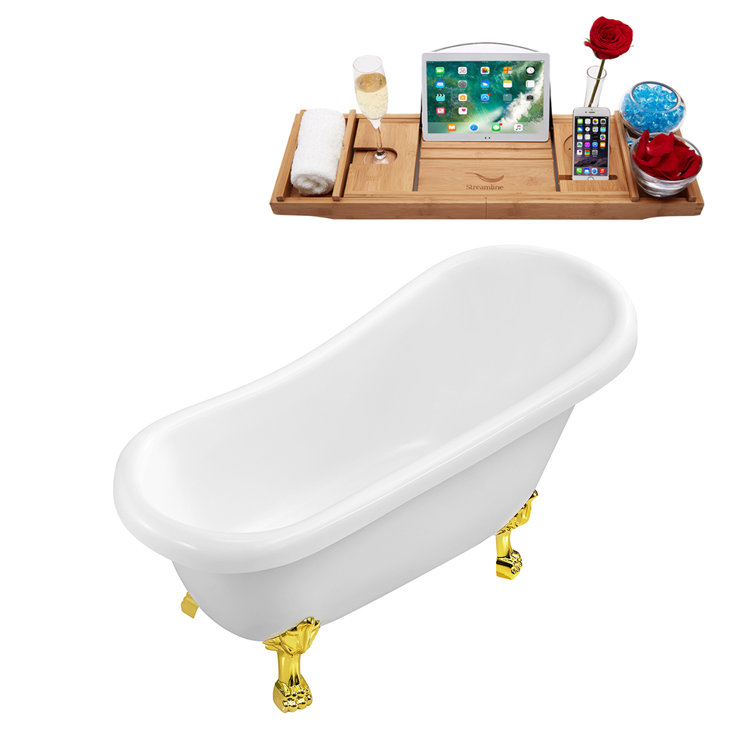 61'' White Acrylic Clawfoot Soaking Tub with Bamboo Tray