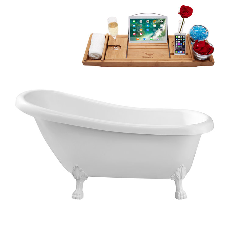 61'' White Acrylic Clawfoot Soaking Tub with Bamboo Tray
