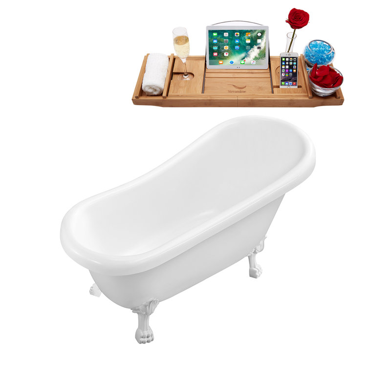 61'' White Acrylic Clawfoot Soaking Tub with Bamboo Tray