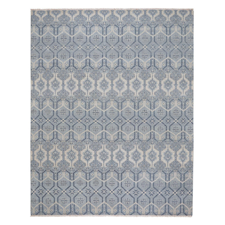 Azure Blue and Beige Hand-Knotted Wool Floral Rug