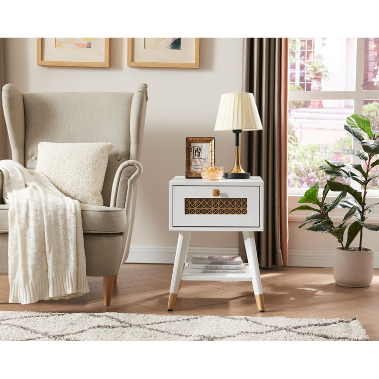 White Wood Mid Century Modern End Table with Storage Drawer and Charging Ports