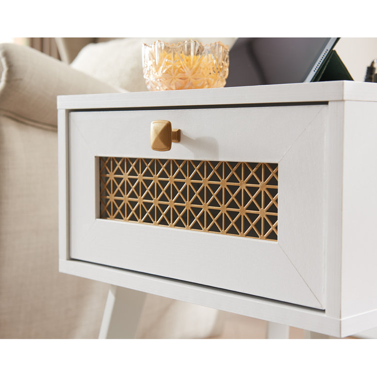 White Wood Mid Century Modern End Table with Storage Drawer and Charging Ports