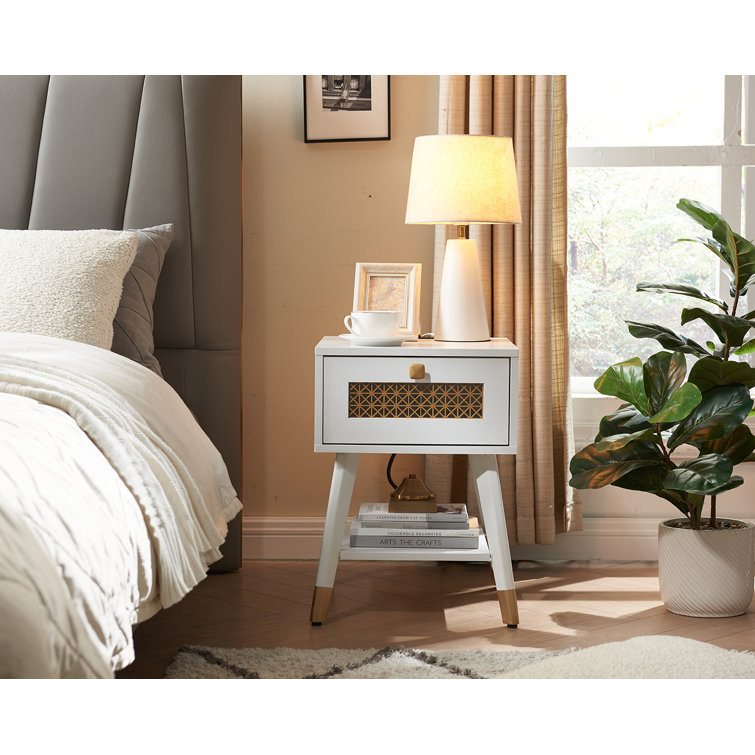White Wood Mid Century Modern End Table with Storage Drawer and Charging Ports