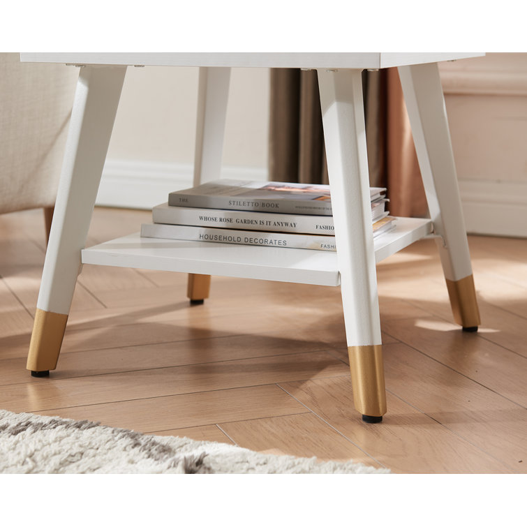 White Wood Mid Century Modern End Table with Storage Drawer and Charging Ports