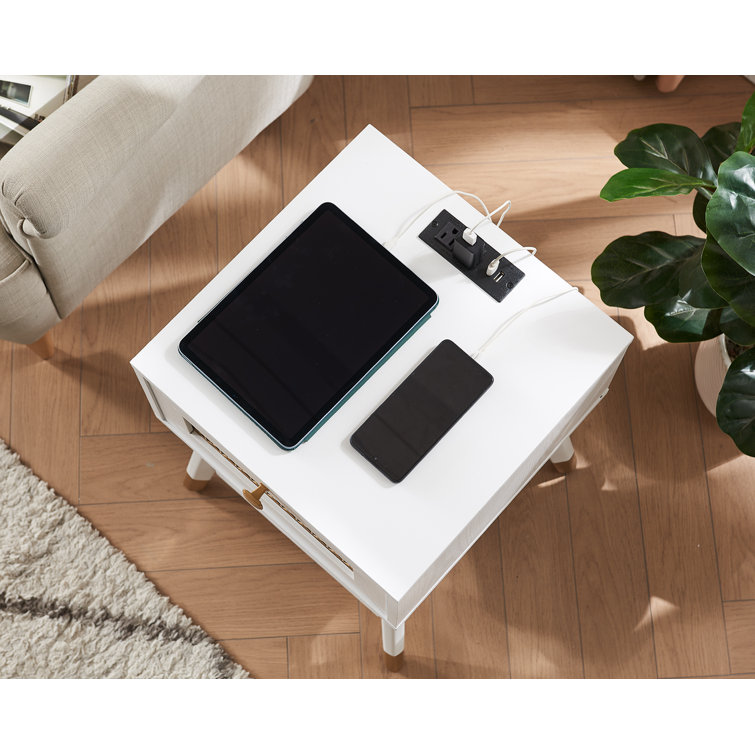 White Wood Mid Century Modern End Table with Storage Drawer and Charging Ports
