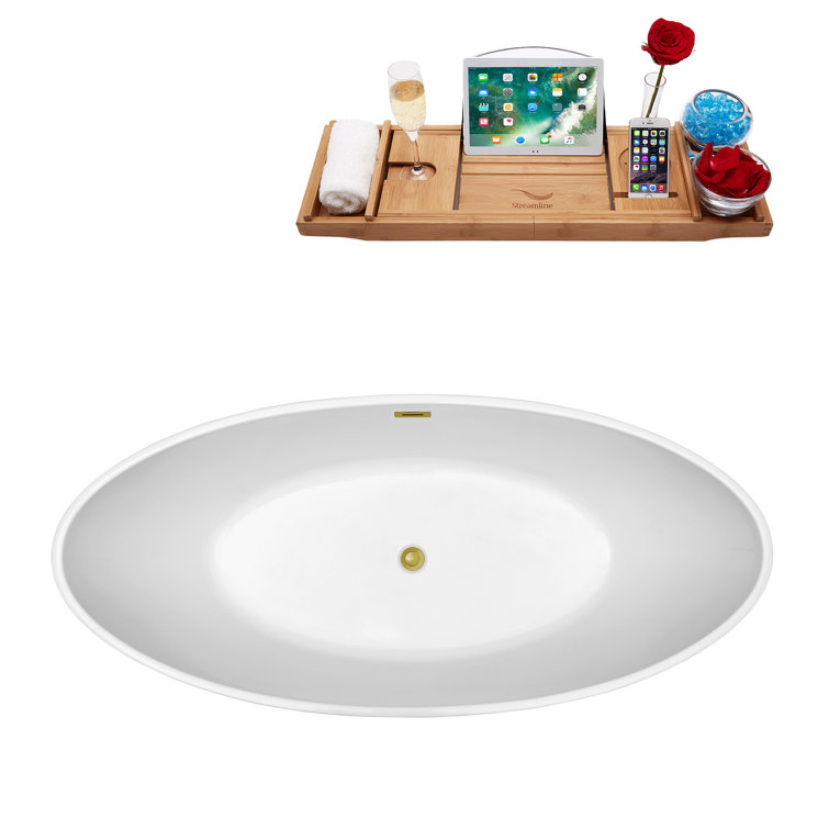 62" White Acrylic Freestanding Soaking Bathtub with Bamboo Tray