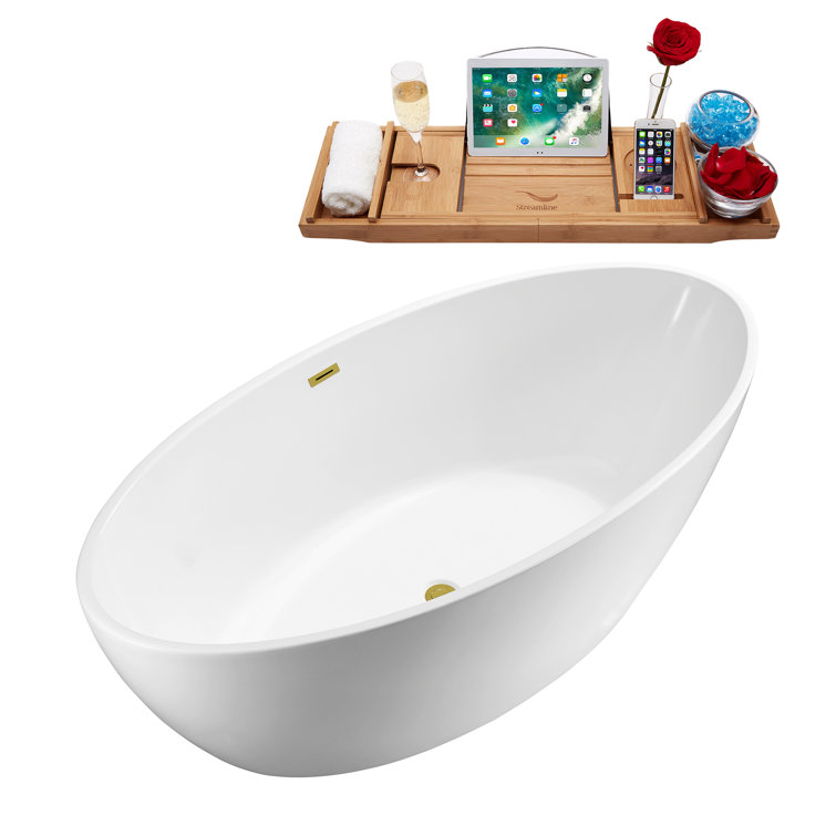 62" White Acrylic Freestanding Soaking Bathtub with Bamboo Tray