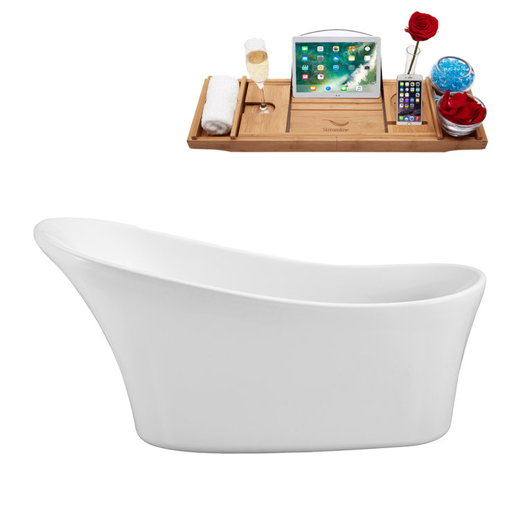 63" Glossy White Acrylic Oval Freestanding Soaking Tub with Bamboo Tray