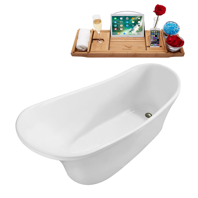 63" White Glossy Acrylic Freestanding Soaking Tub with Bamboo Tray