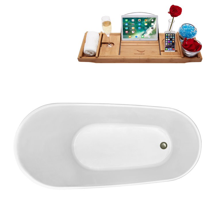 63" White Glossy Acrylic Freestanding Soaking Tub with Bamboo Tray