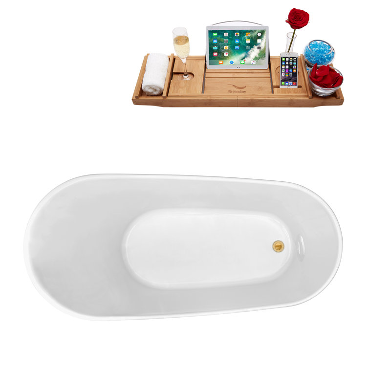 Glossy White Acrylic Freestanding Soaking Bathtub with Polished Gold Drain