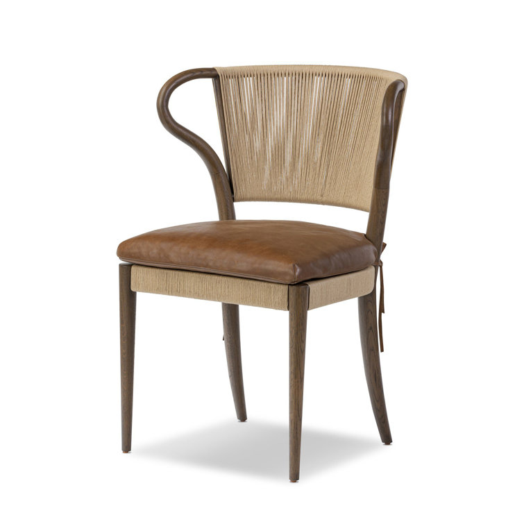 Mahogany Leather and Wood Side Chair with Rush Back