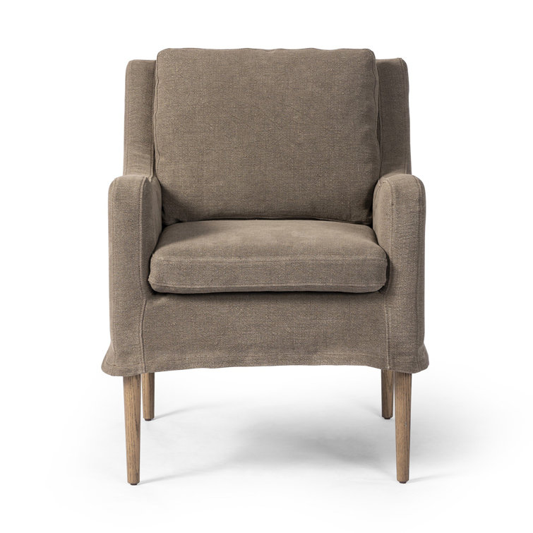 Coffee Linen Upholstered Arm Chair with Wood Legs