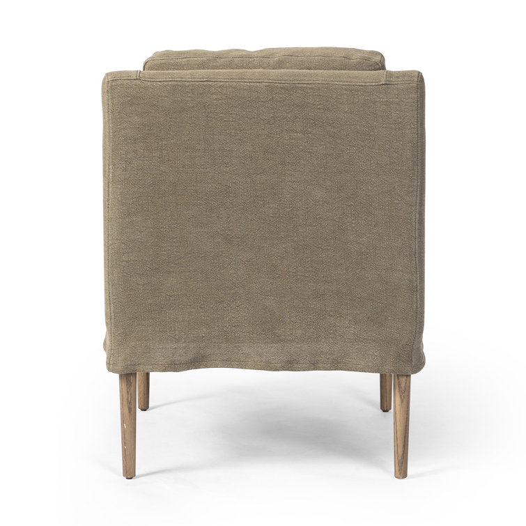 Olive Upholstered Linen Arm Chair with Wooden Legs