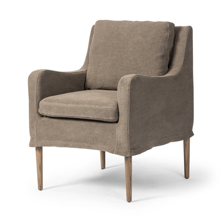 Coffee Linen Upholstered Arm Chair with Wood Legs