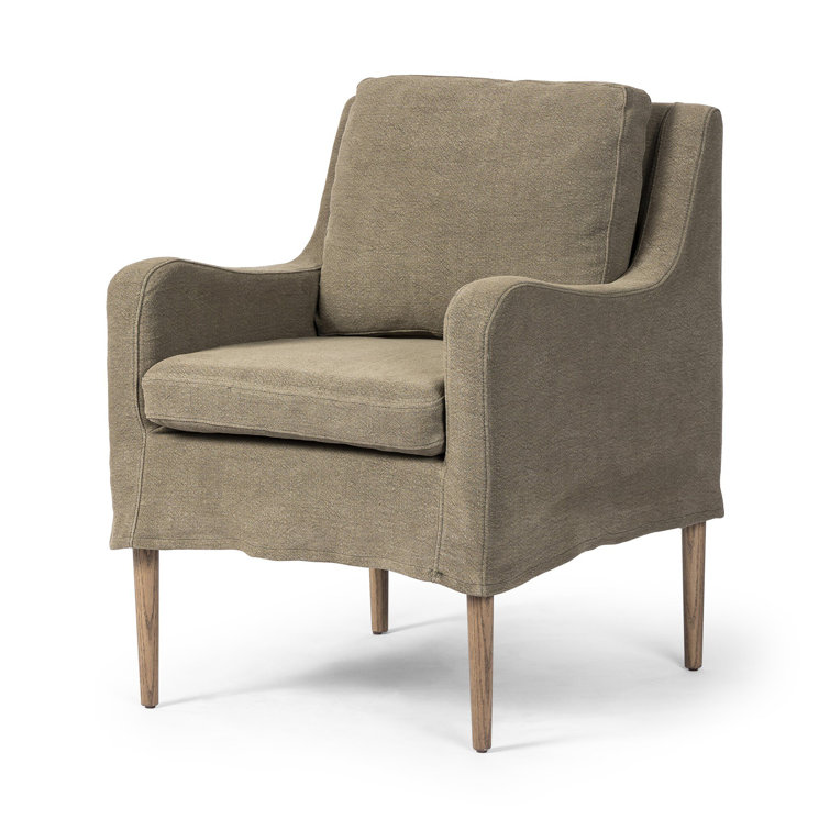 Olive Upholstered Linen Arm Chair with Wooden Legs